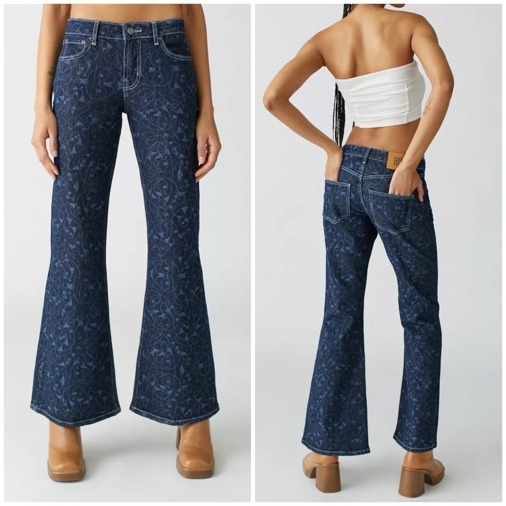 BDG Low Rise Flare Jean Swirly Pattern Dark Wash Hippie Festival Sz 25